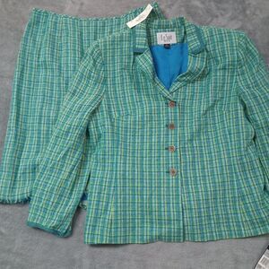 Le Suit Womens‎ Skirt Suit Sz 16P Linen Blend 2pc Blue Green Tweed Calypso